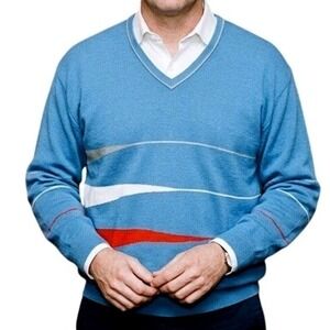 St Croix Knits Mens XL Blue V-Neck Sweater Abstract Stripe Mercerized Cotton USA